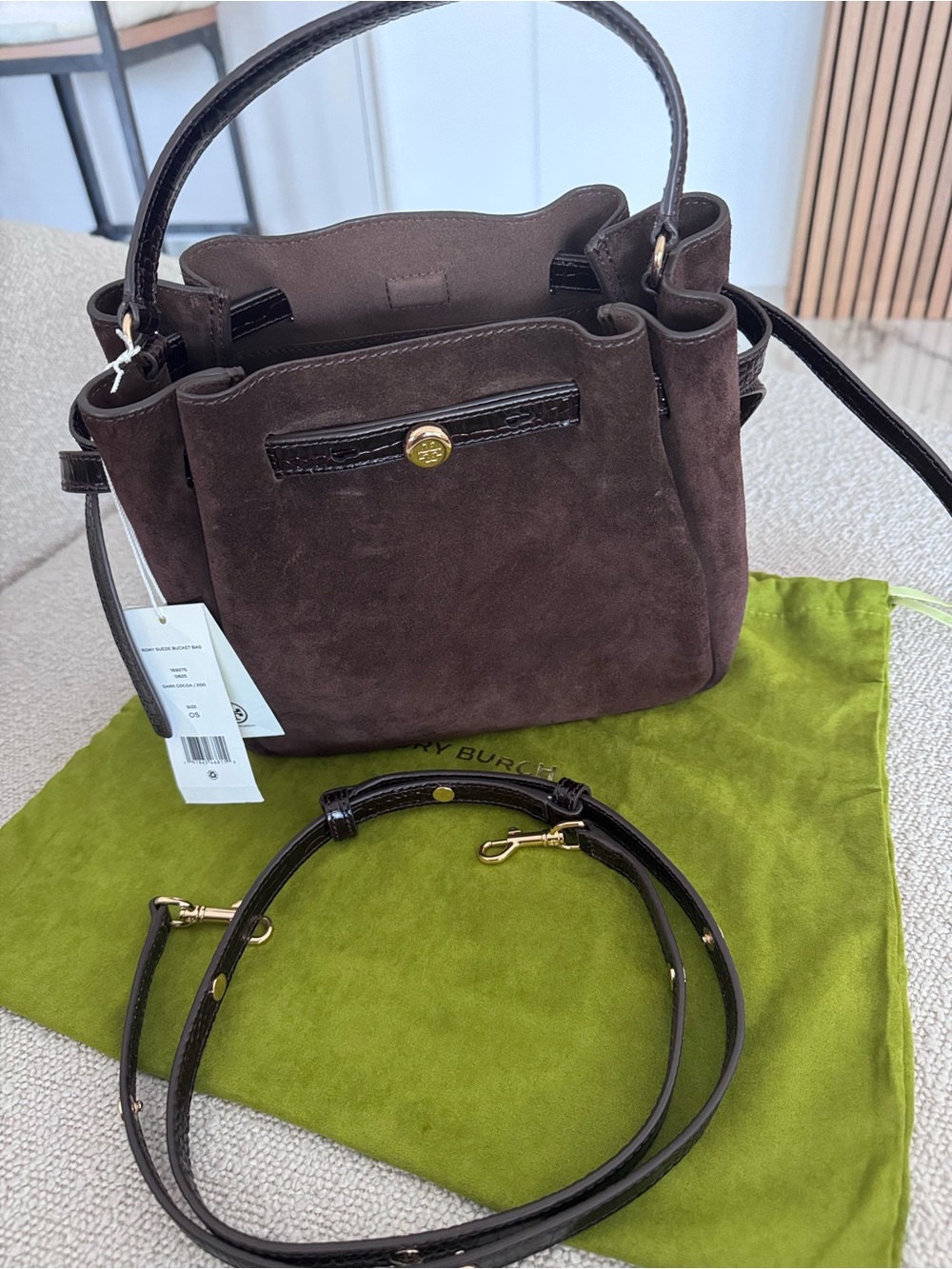 Tory Burch Romy Suede Bucket Bag.
